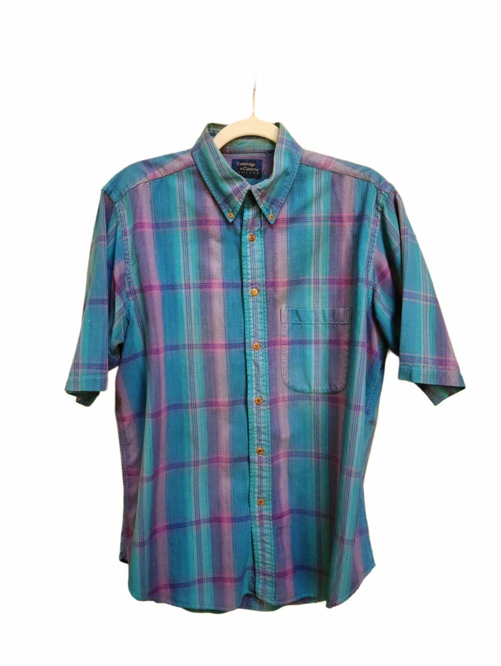 Casual Teal Plaid Short-Sleeve Button-Down Shirt by Cambridge Classics